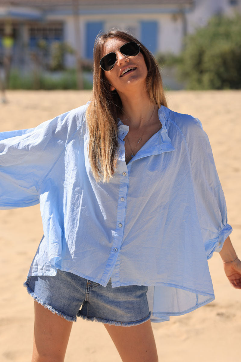 Sky blue floaty cotton shirt with frilled collar