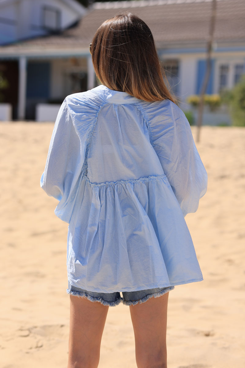 Sky blue floaty cotton shirt with frilled collar