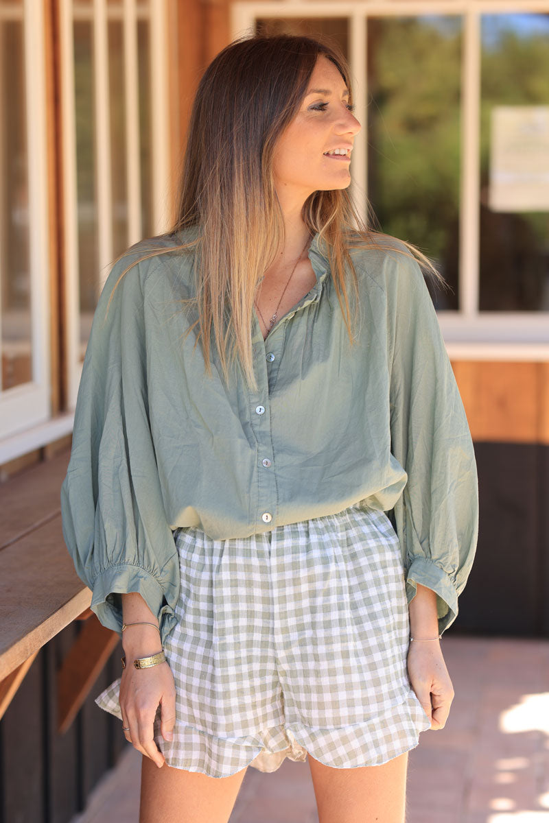Khaki floaty cotton shirt with frilled collar