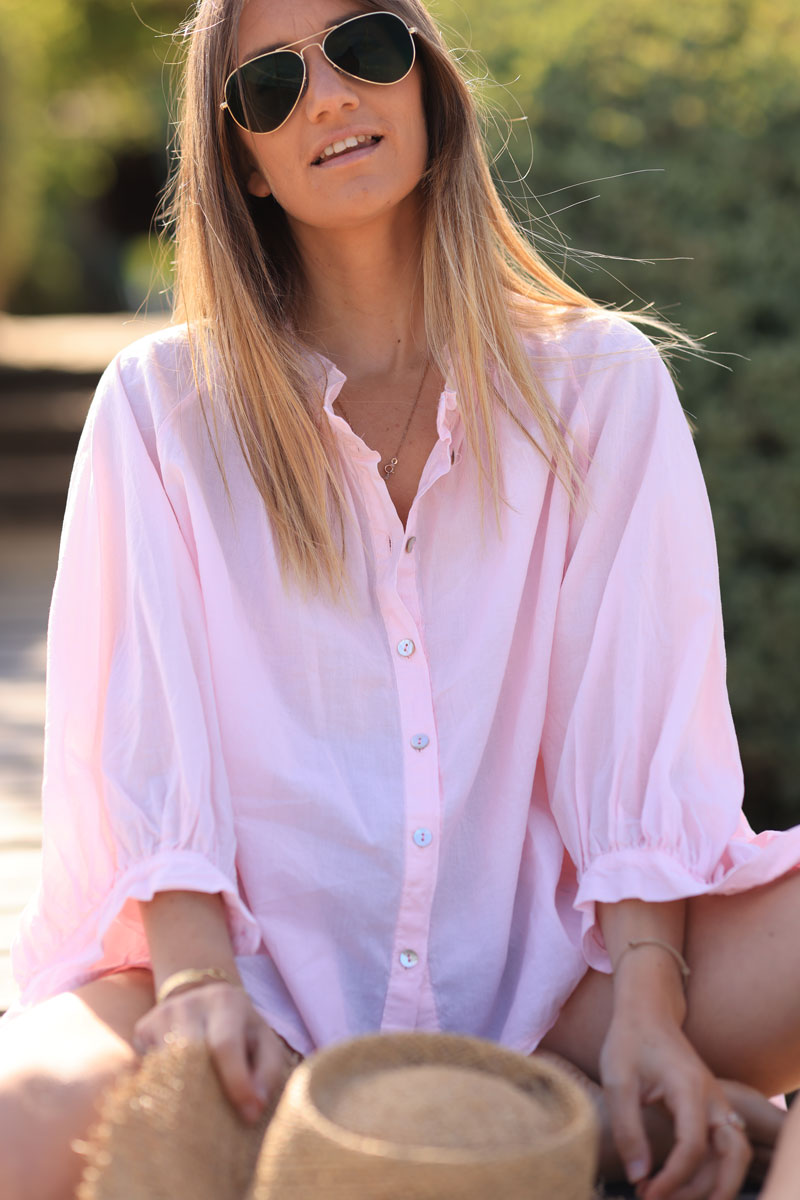 Pink floaty cotton shirt with frilled collar