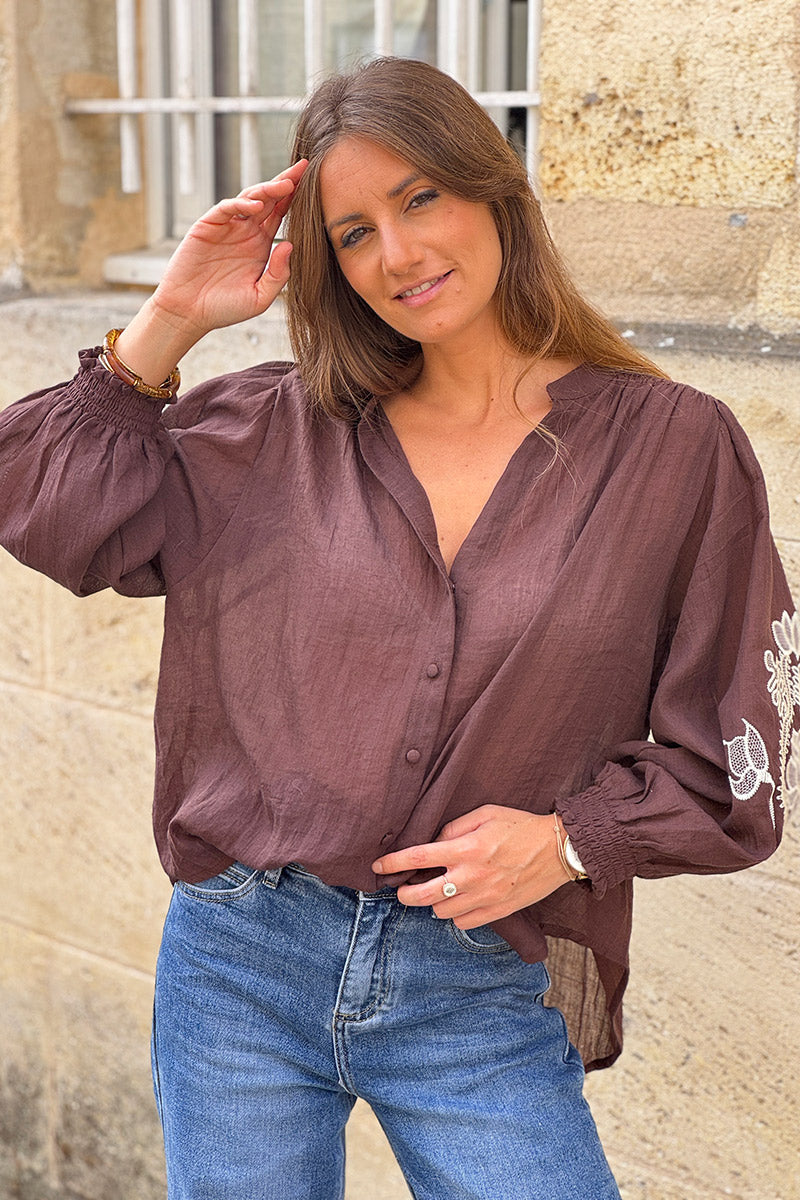 Chocolate Embroidered Gauze Peasant Blouse