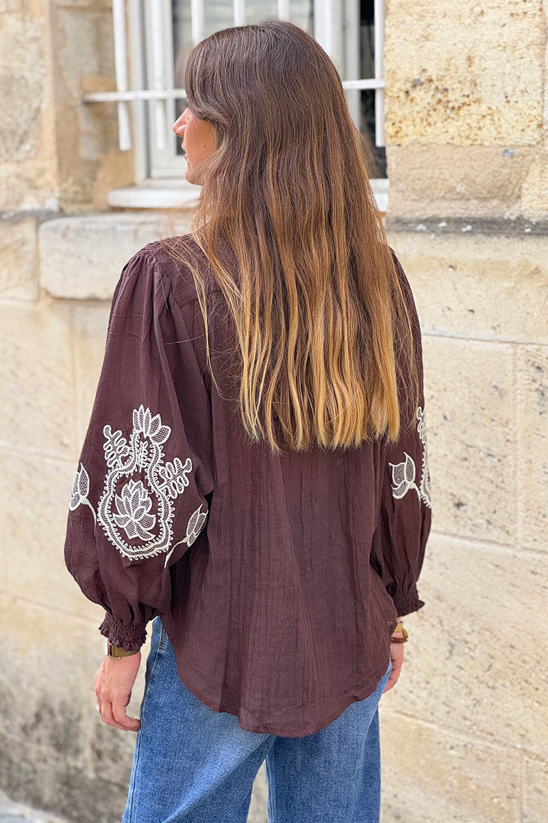 Chocolate Embroidered Gauze Peasant Blouse