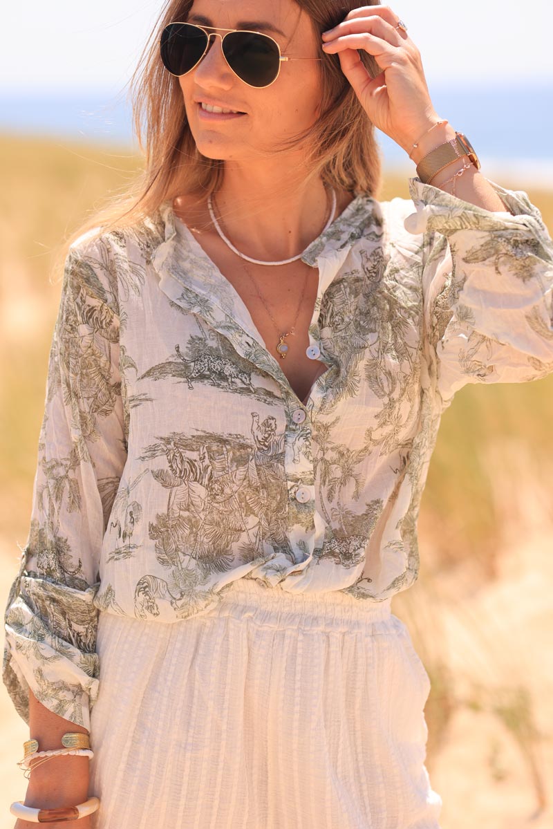 Semi-sheer cotton shirt with khaki toile de jouy print