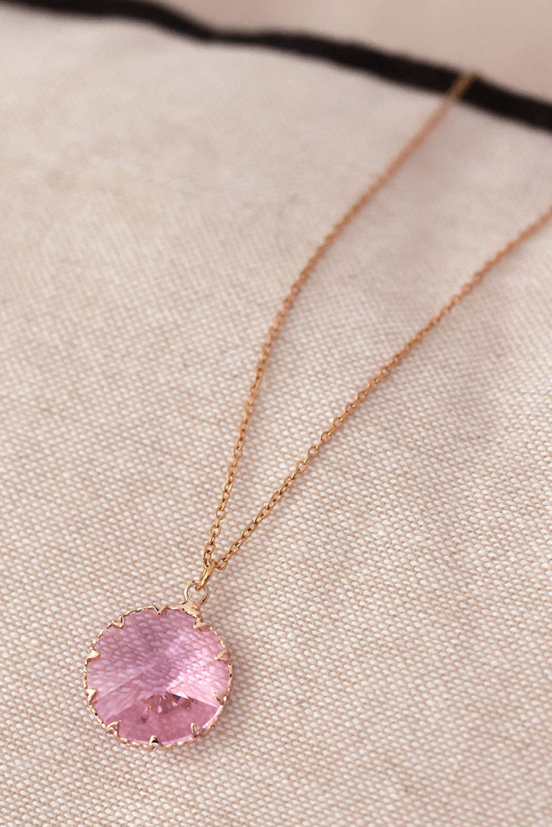 Pink Simulated Sapphire Round Pendant Necklace