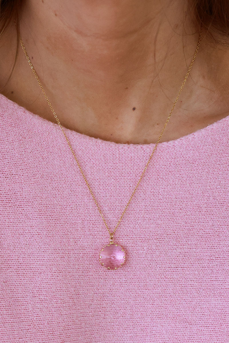 Pink Simulated Sapphire Round Pendant Necklace