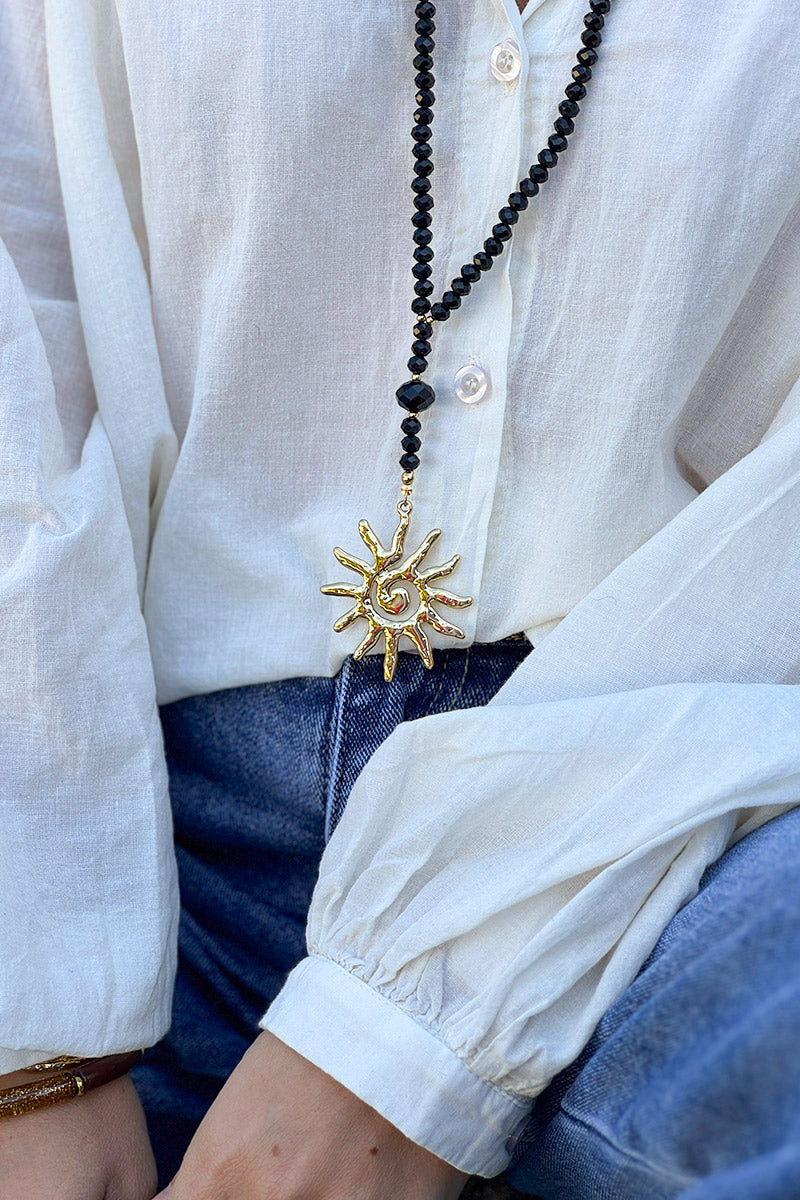 Black Bead and Golden Spiral Sun Necklace