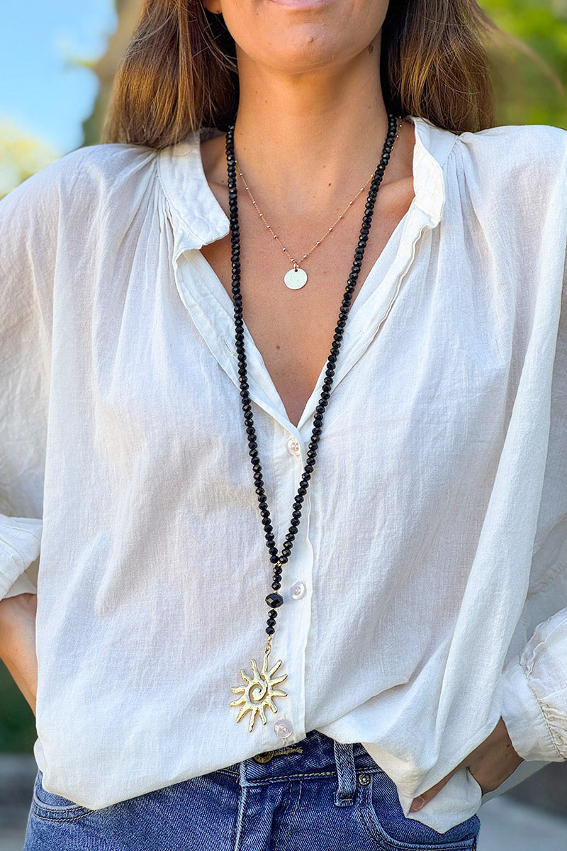 Black Bead and Golden Spiral Sun Necklace