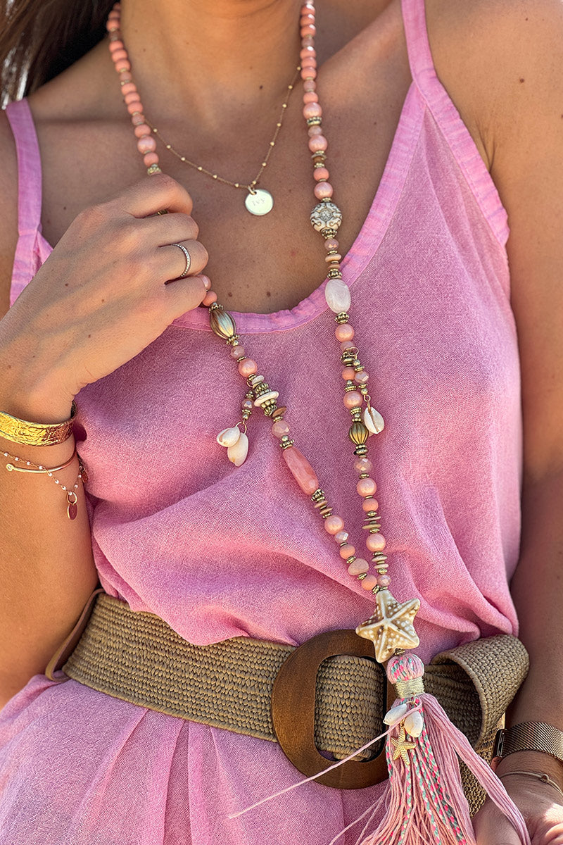 Collier sautoir en  perles nuances de corail pompon rose et étoile de mer