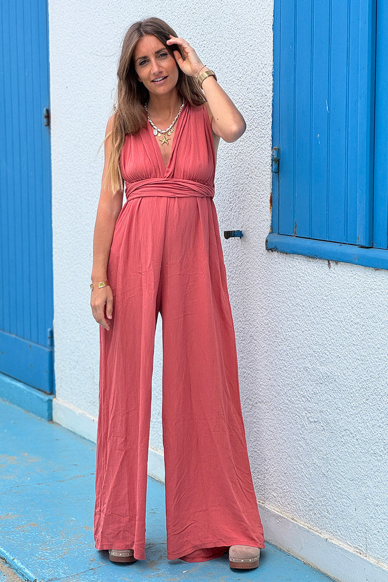 Rosewood Tie Wrap Gauze Jumpsuit