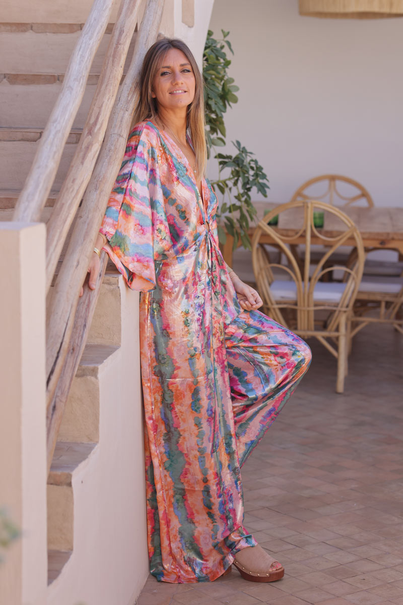 Colourful watercolour metallic wide leg jumpsuit with butterfly sleeves 