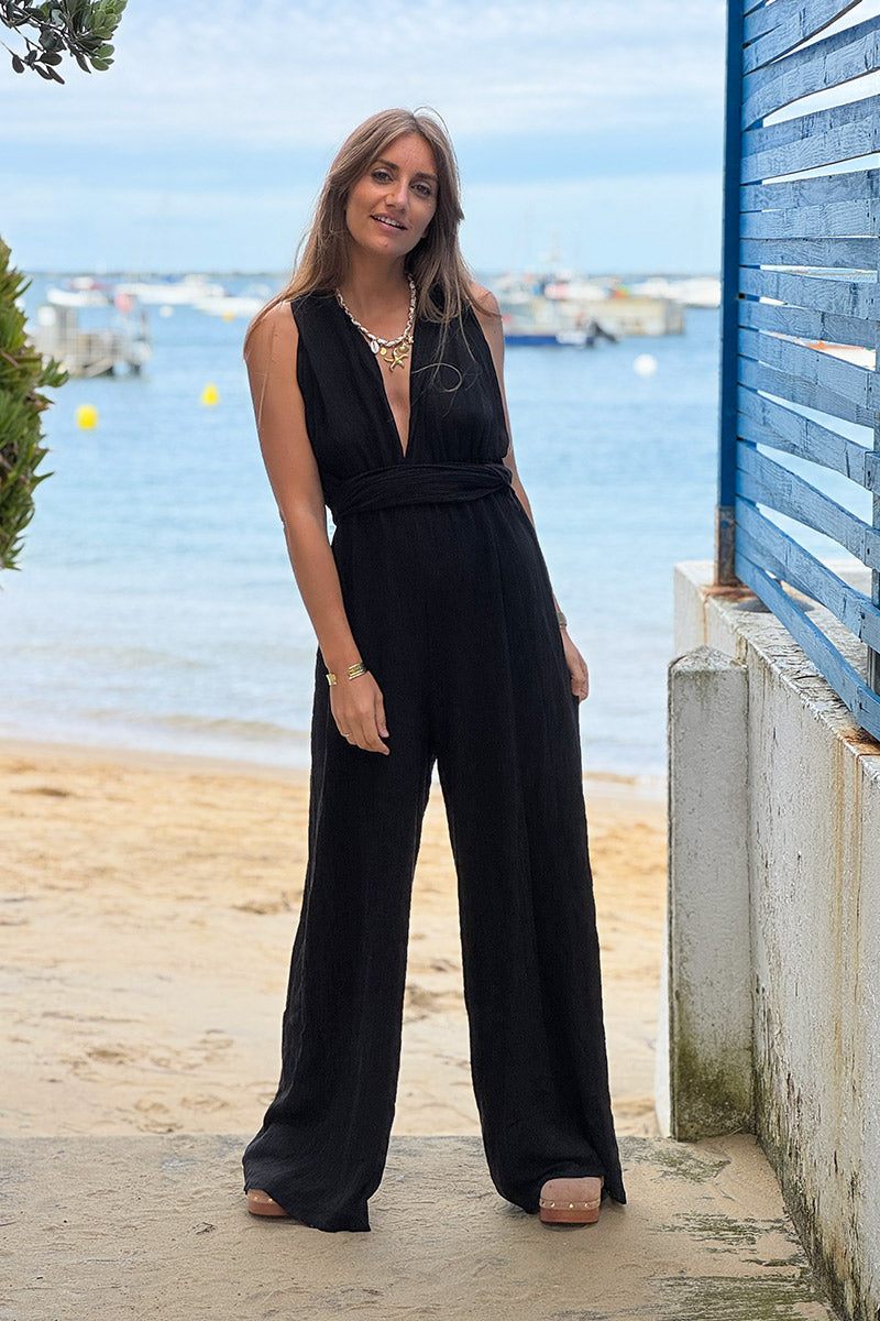 Black Tie Wrap Gauze Jumpsuit