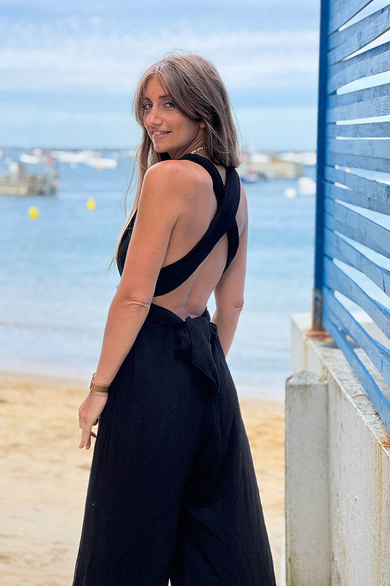 Black Tie Wrap Gauze Jumpsuit