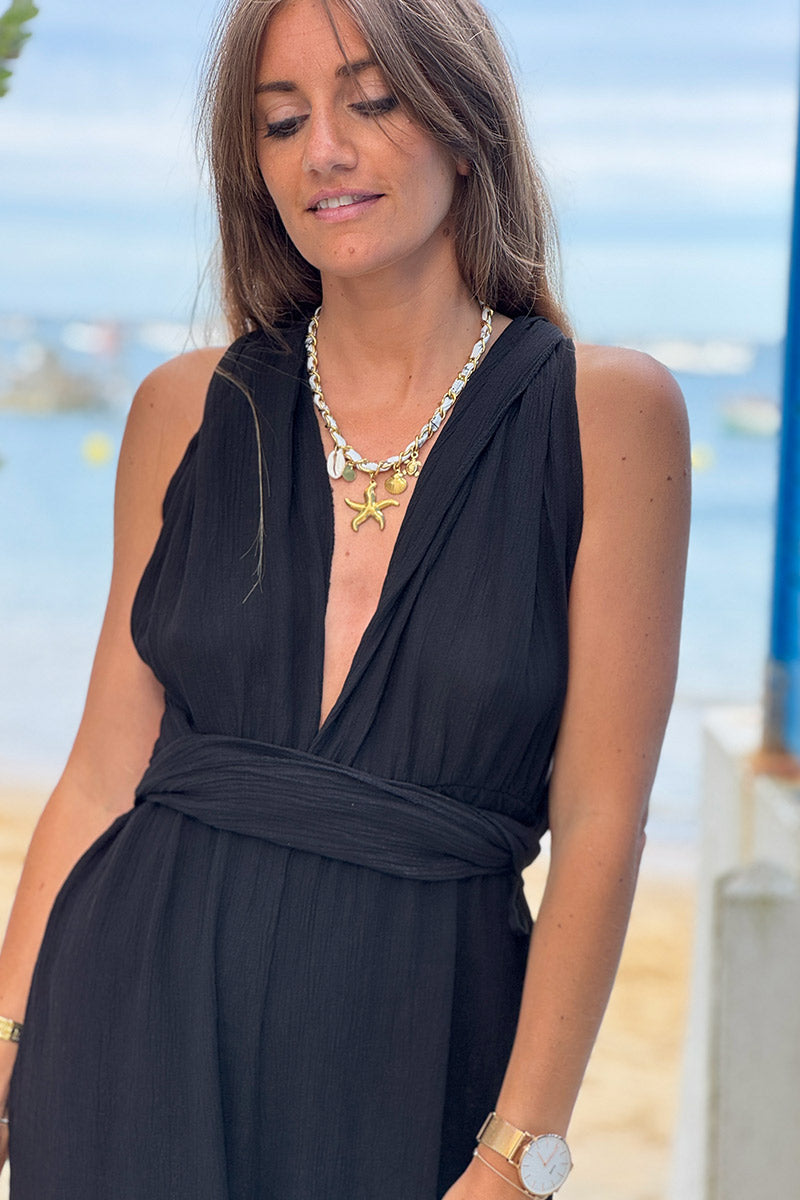 Black Tie Wrap Gauze Jumpsuit