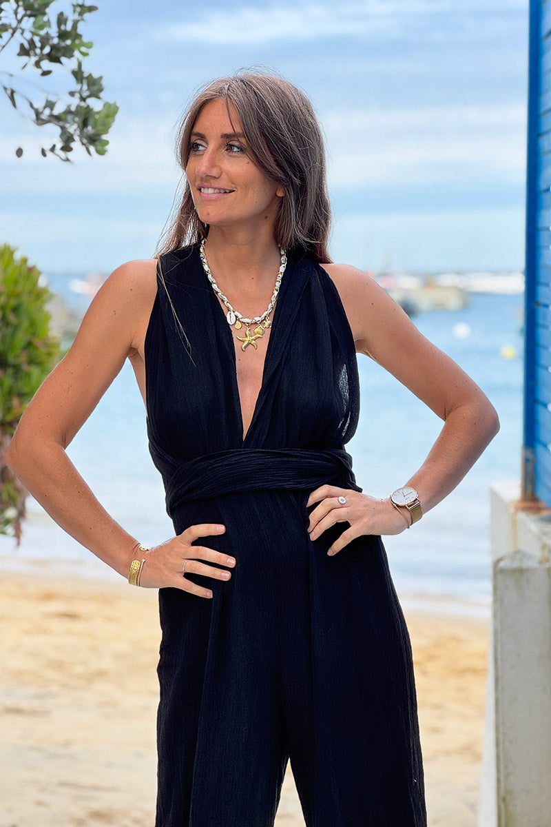 Black Tie Wrap Gauze Jumpsuit