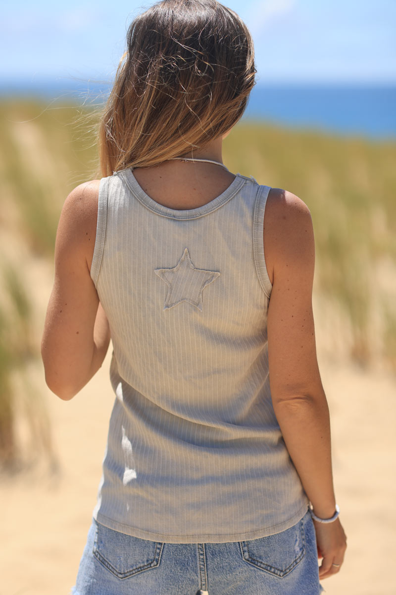 Beige ribbed cotton tank top and back star patch
