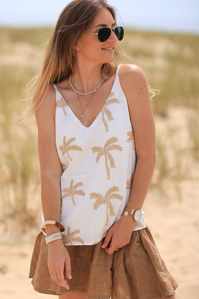 Off white linen blend tank top with beige palm tree embroidery
