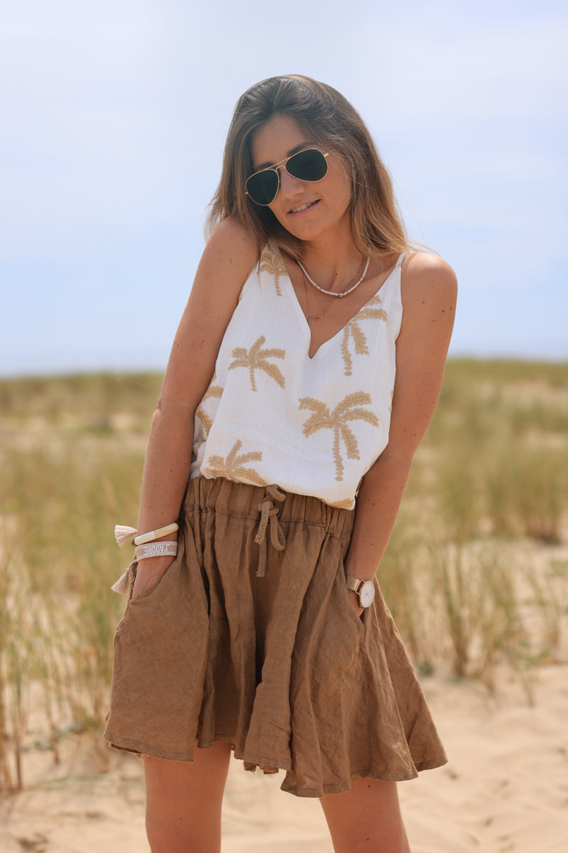 Off white linen blend tank top with beige palm tree embroidery