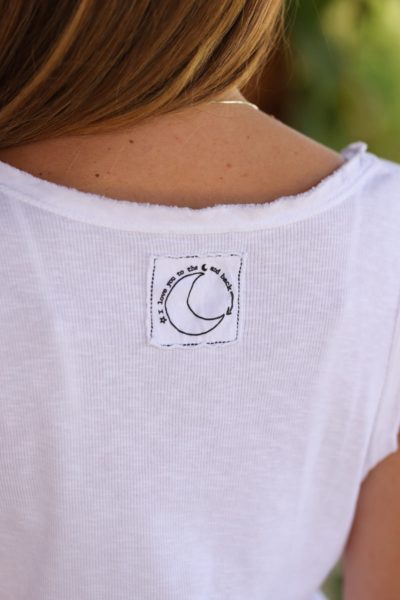 Camiseta de tirantes blanca de algodón elástico acanalado ILY top the moon and back