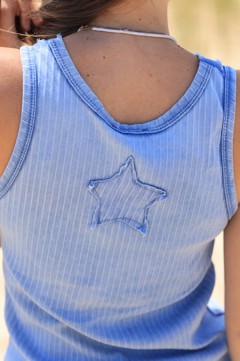 Dusty blue ribbed cotton tank top and back star patch