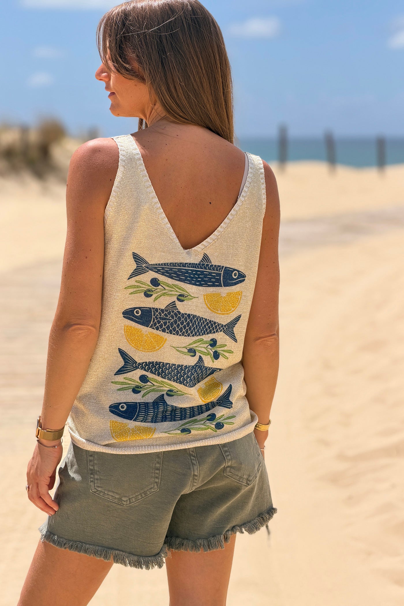 Débardeur en maille brillante lurex poissons et citrons