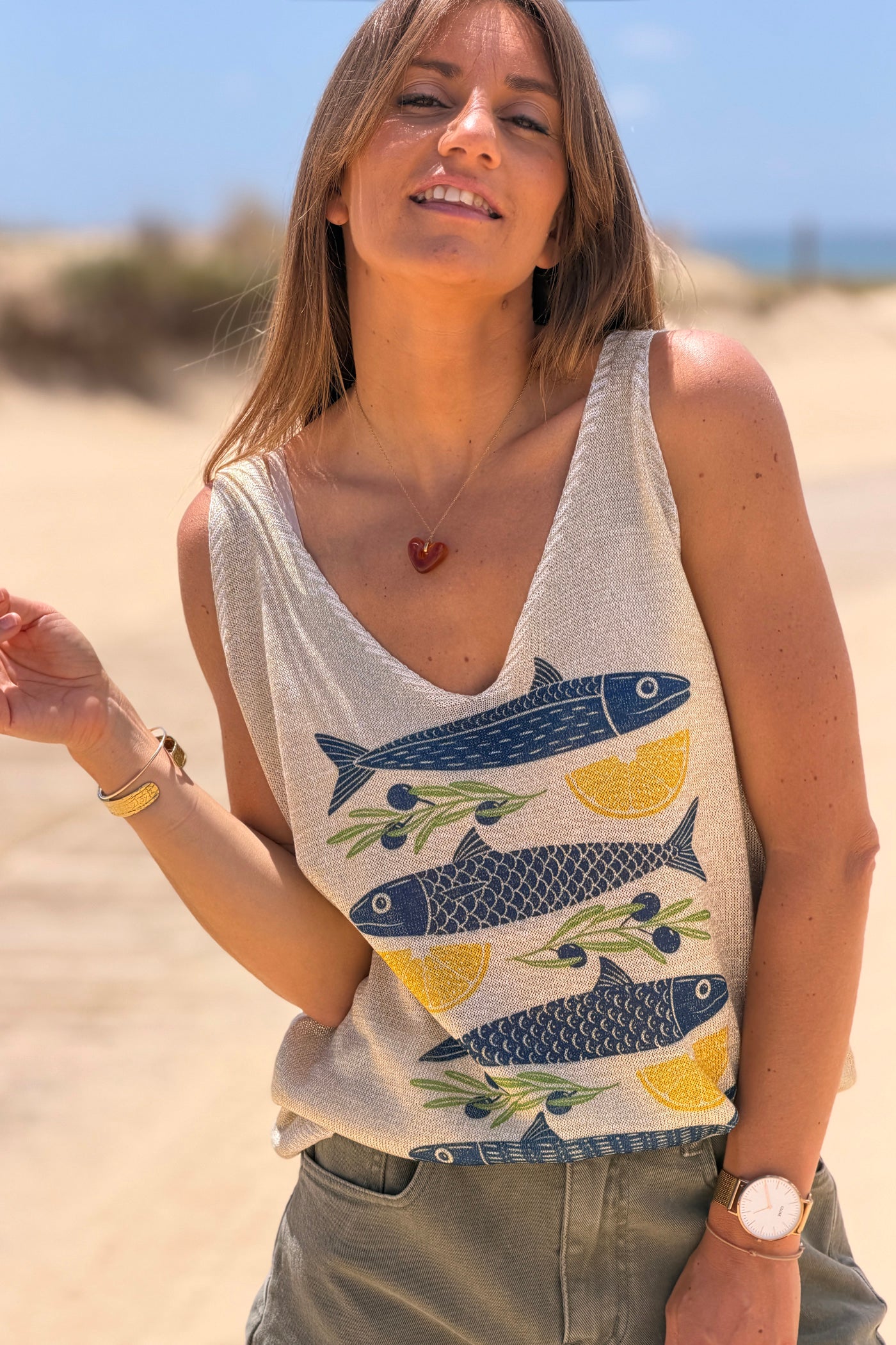 Débardeur en maille brillante lurex poissons et citrons