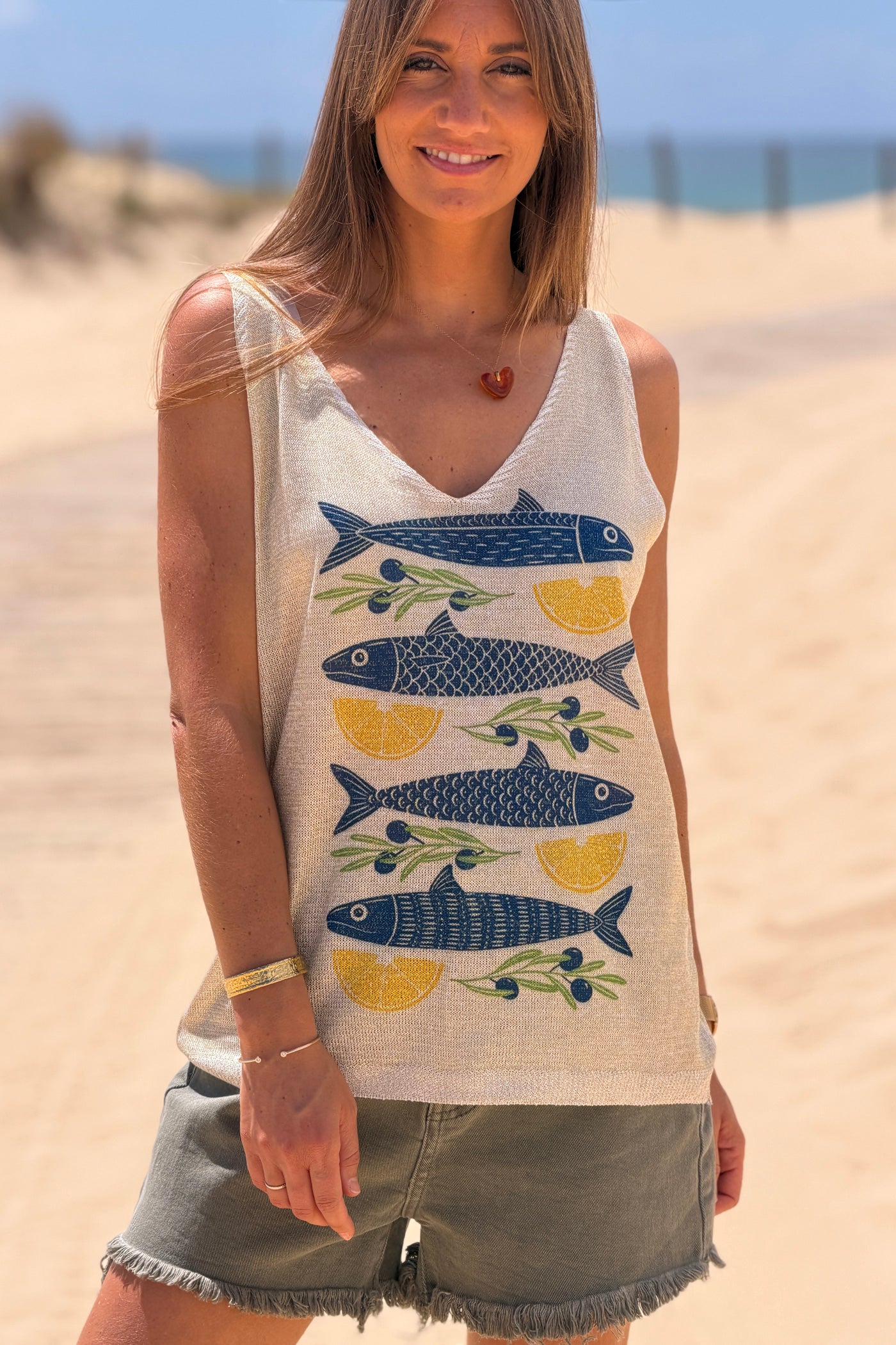 Débardeur en maille brillante lurex poissons et citrons