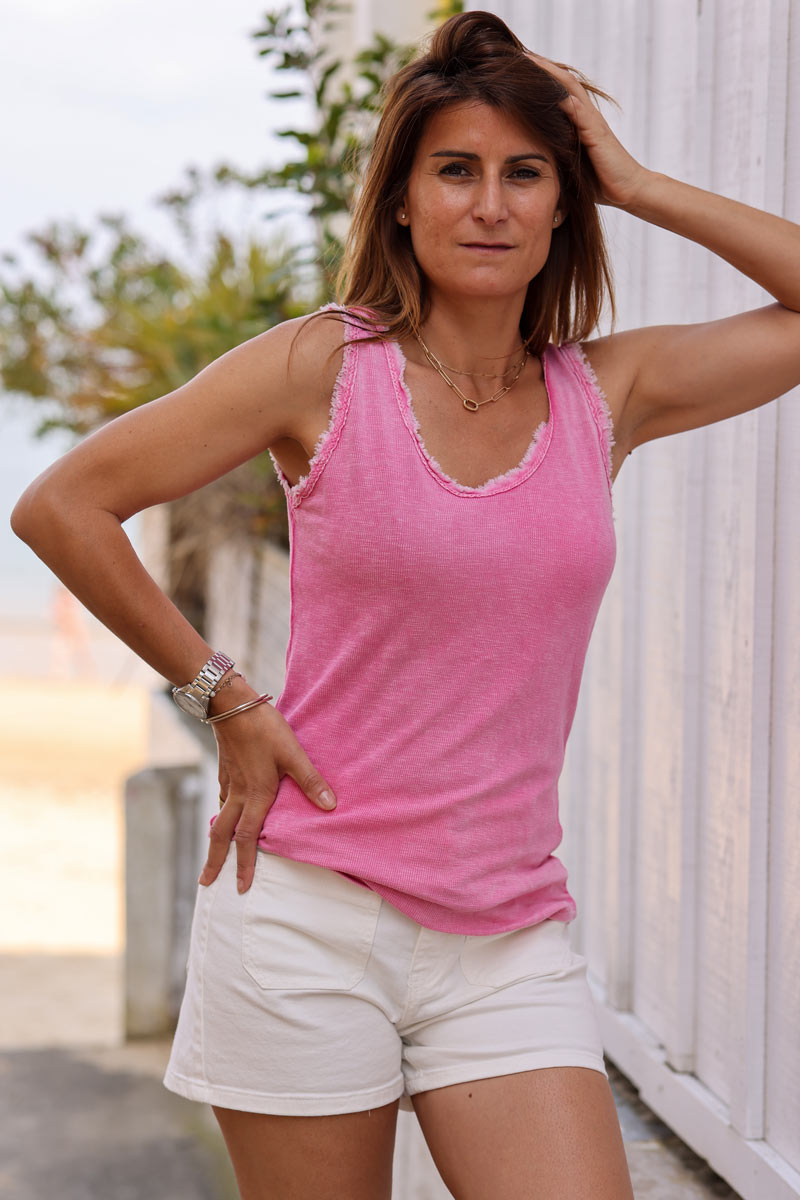 Fuchsia cotton tank top with fringes
