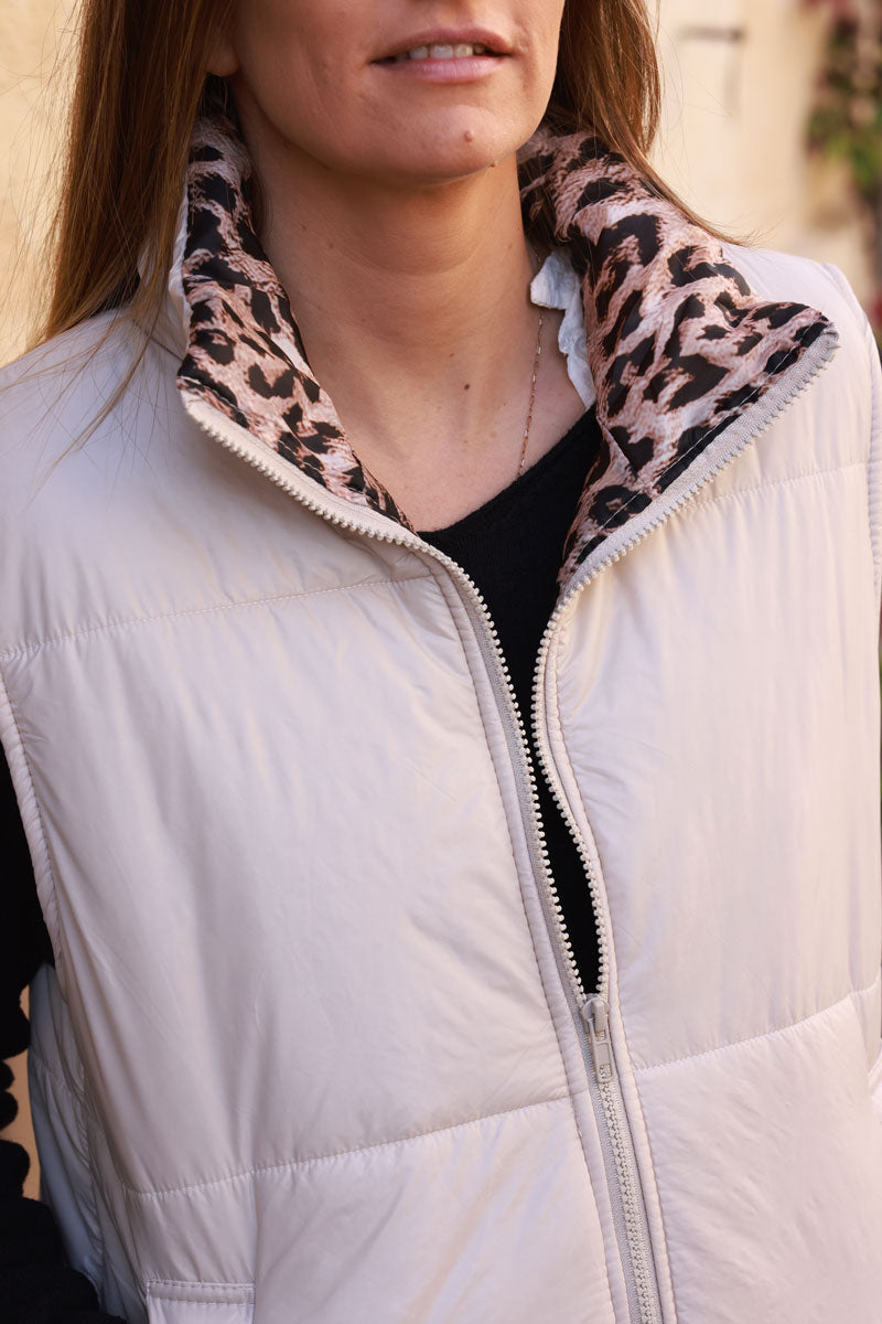 Beige Puffer Vest with Leopard Print Lining