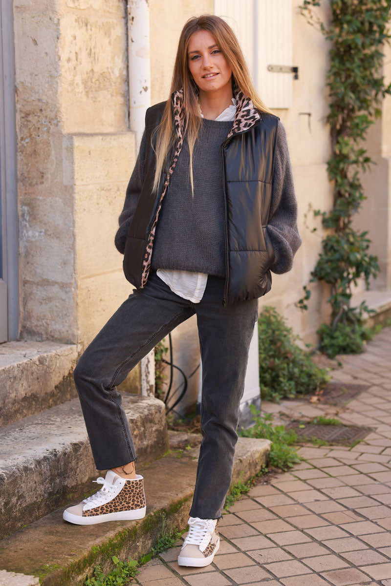 Black Puffer Vest with Leopard Print Lining