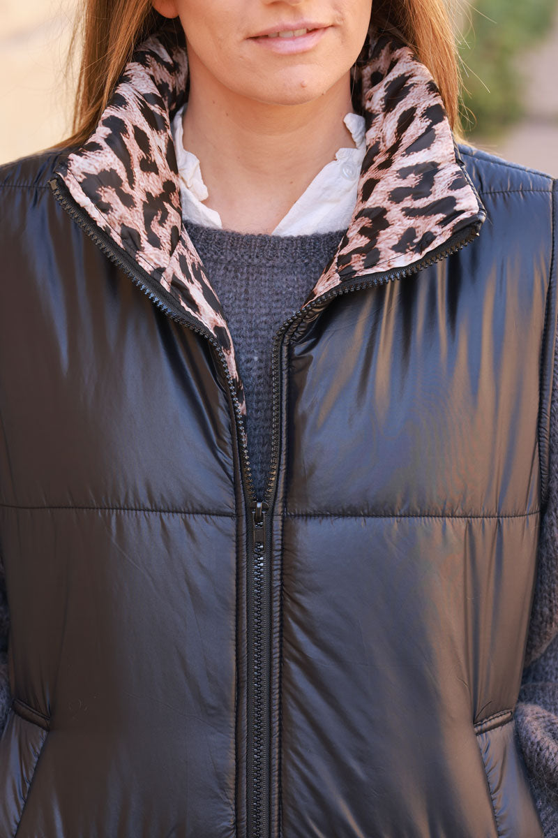 Black Puffer Vest with Leopard Print Lining