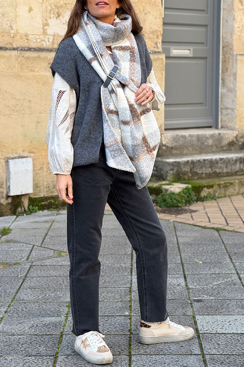 Gray Colorblock Plaid Sherpa Wrap