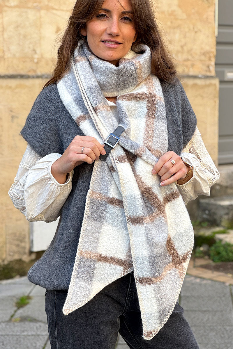 Gray Colorblock Plaid Sherpa Wrap
