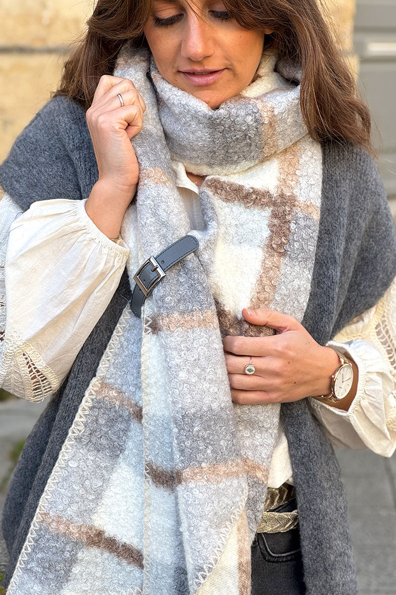 Gray Colorblock Plaid Sherpa Wrap