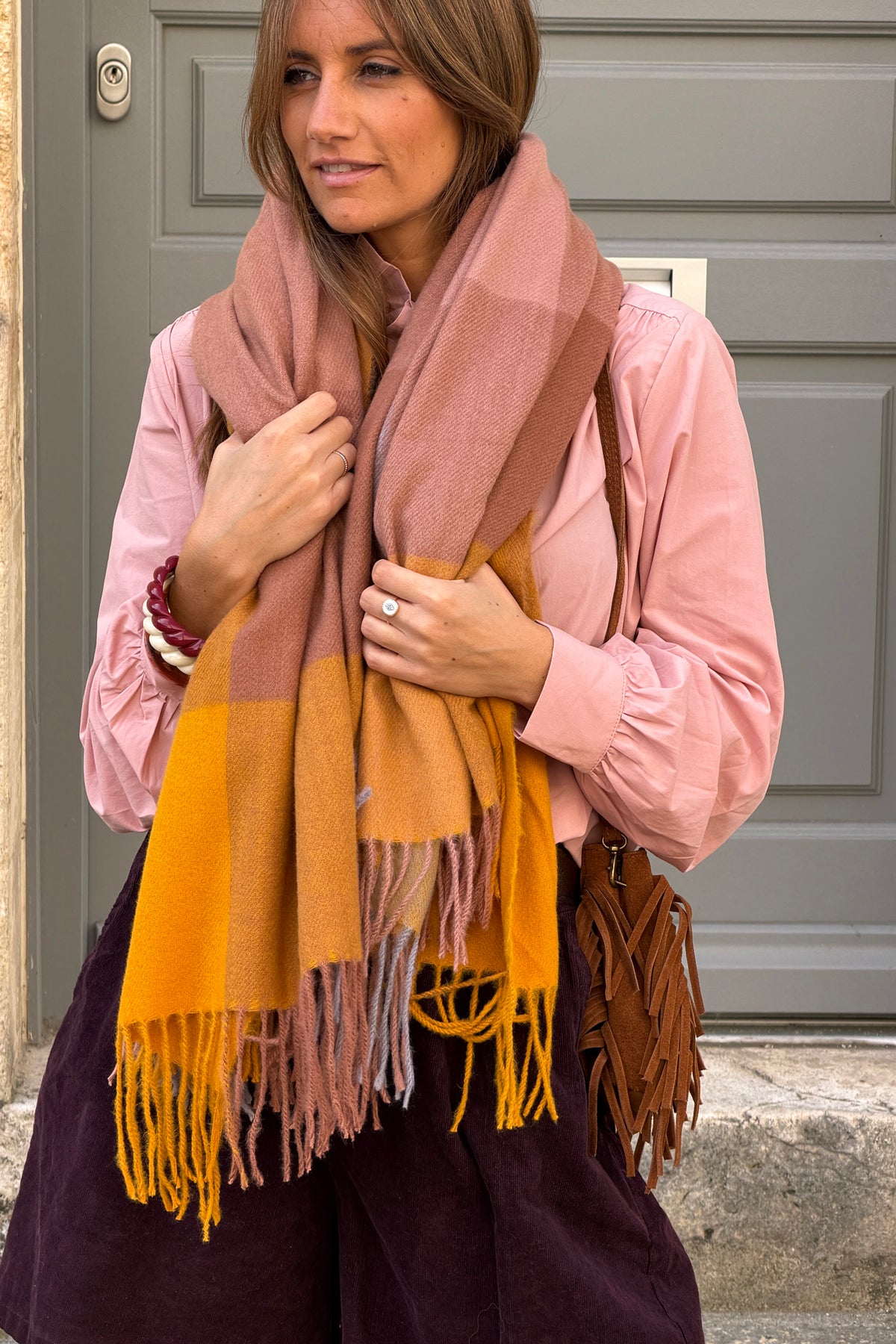Bubblegum XL Plaid Fringe Scarf