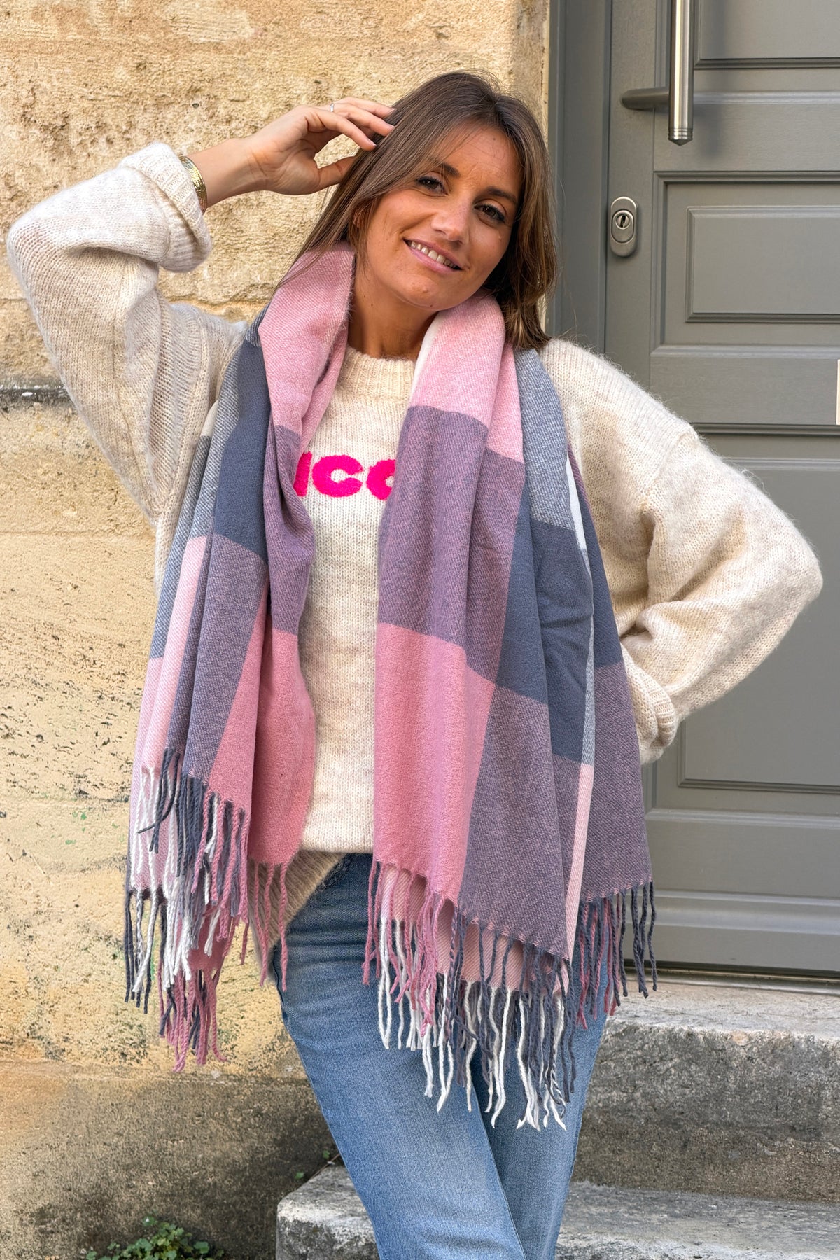 Charcoal XL Plaid Fringe Scarf