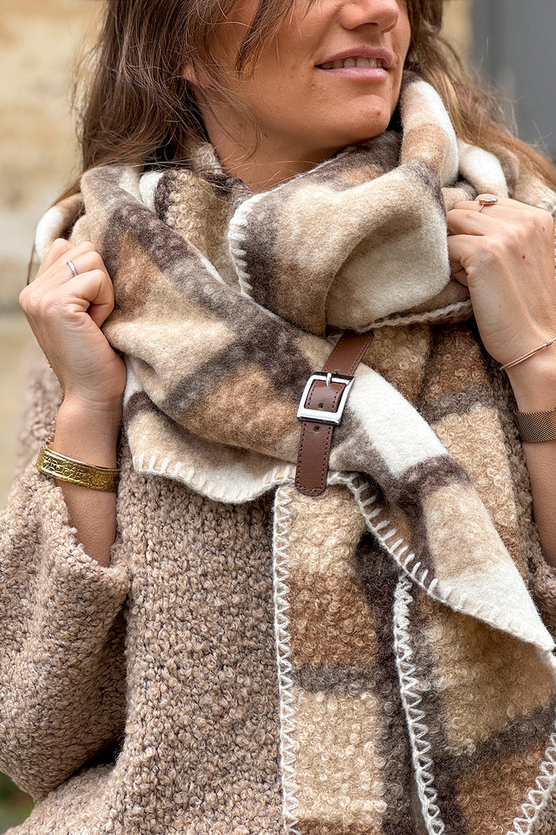 Taupe Colorblock Plaid Sherpa Wrap