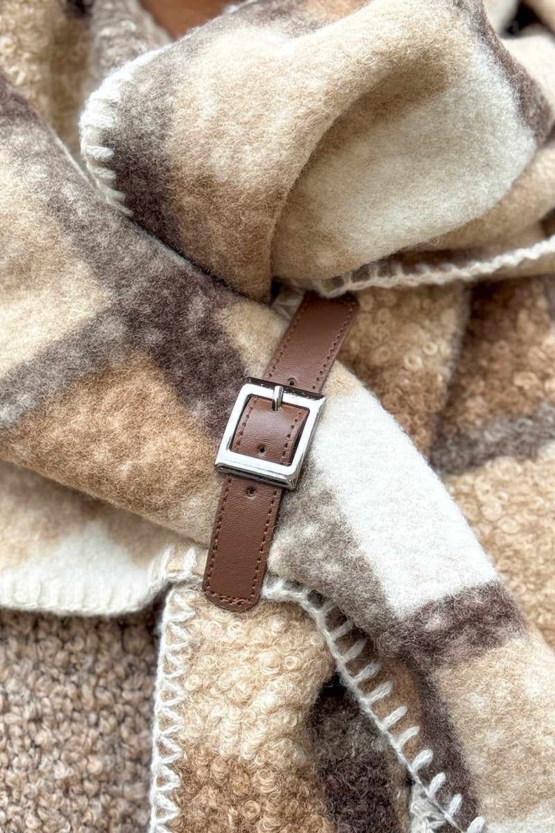 Taupe Colorblock Plaid Sherpa Wrap