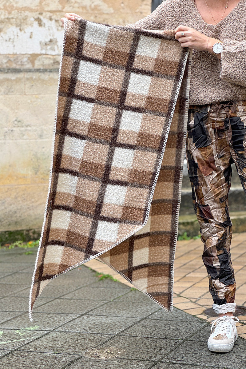 Taupe Colorblock Plaid Sherpa Wrap