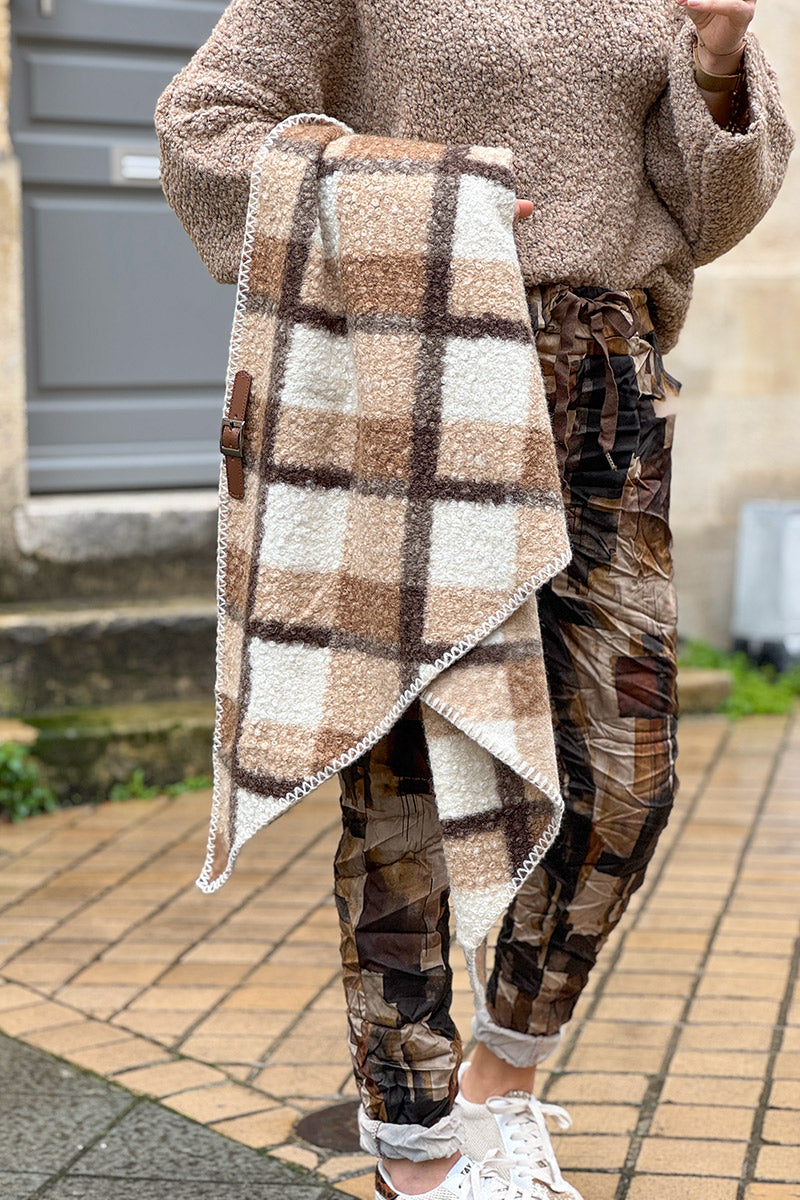 Taupe Colorblock Plaid Sherpa Wrap
