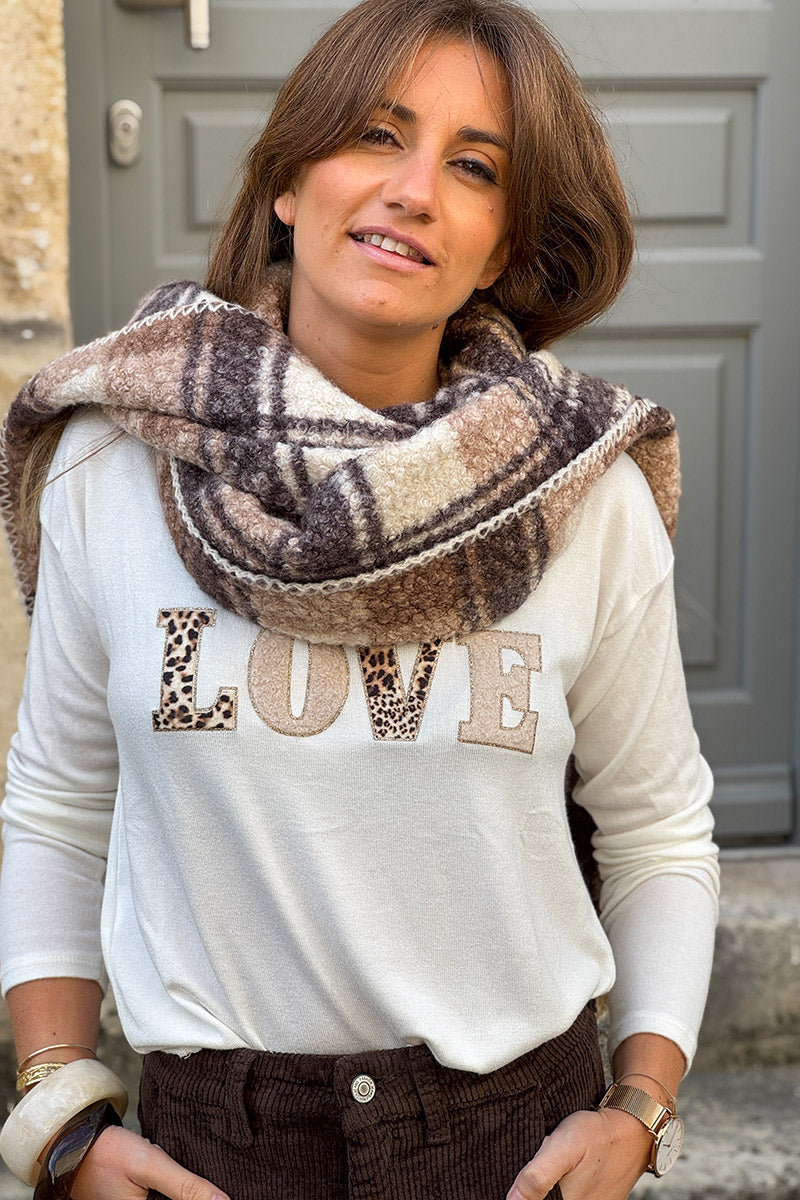 Echarpe douce en bouclettes à carreaux marron