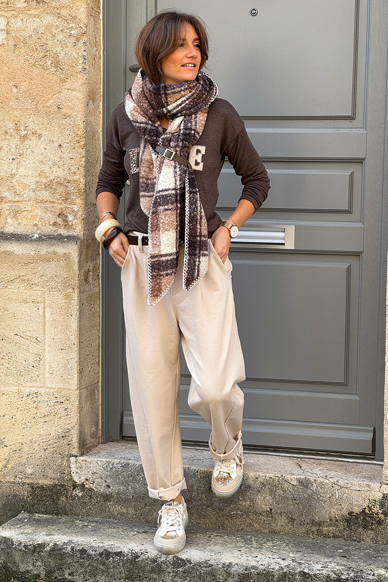 Echarpe douce en bouclettes à carreaux marron