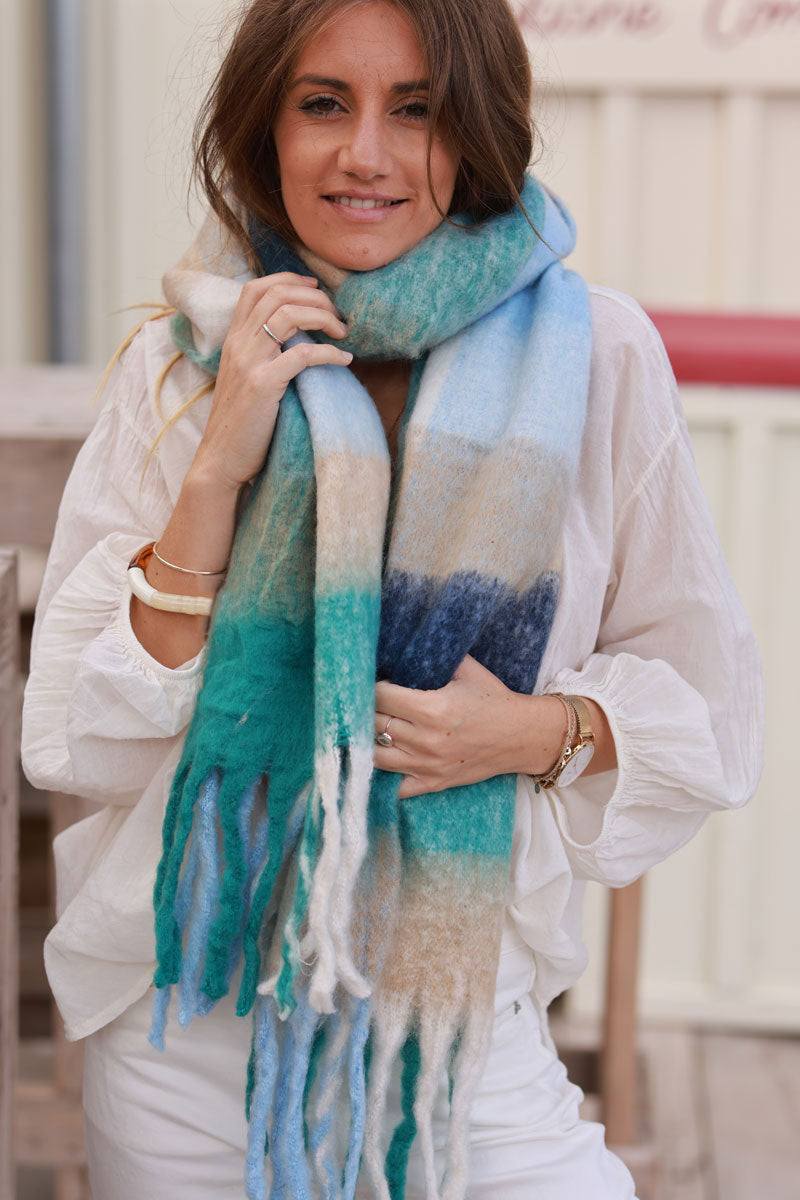 Super Soft and Warm Scarf with Fringes in Peacock Blue Check