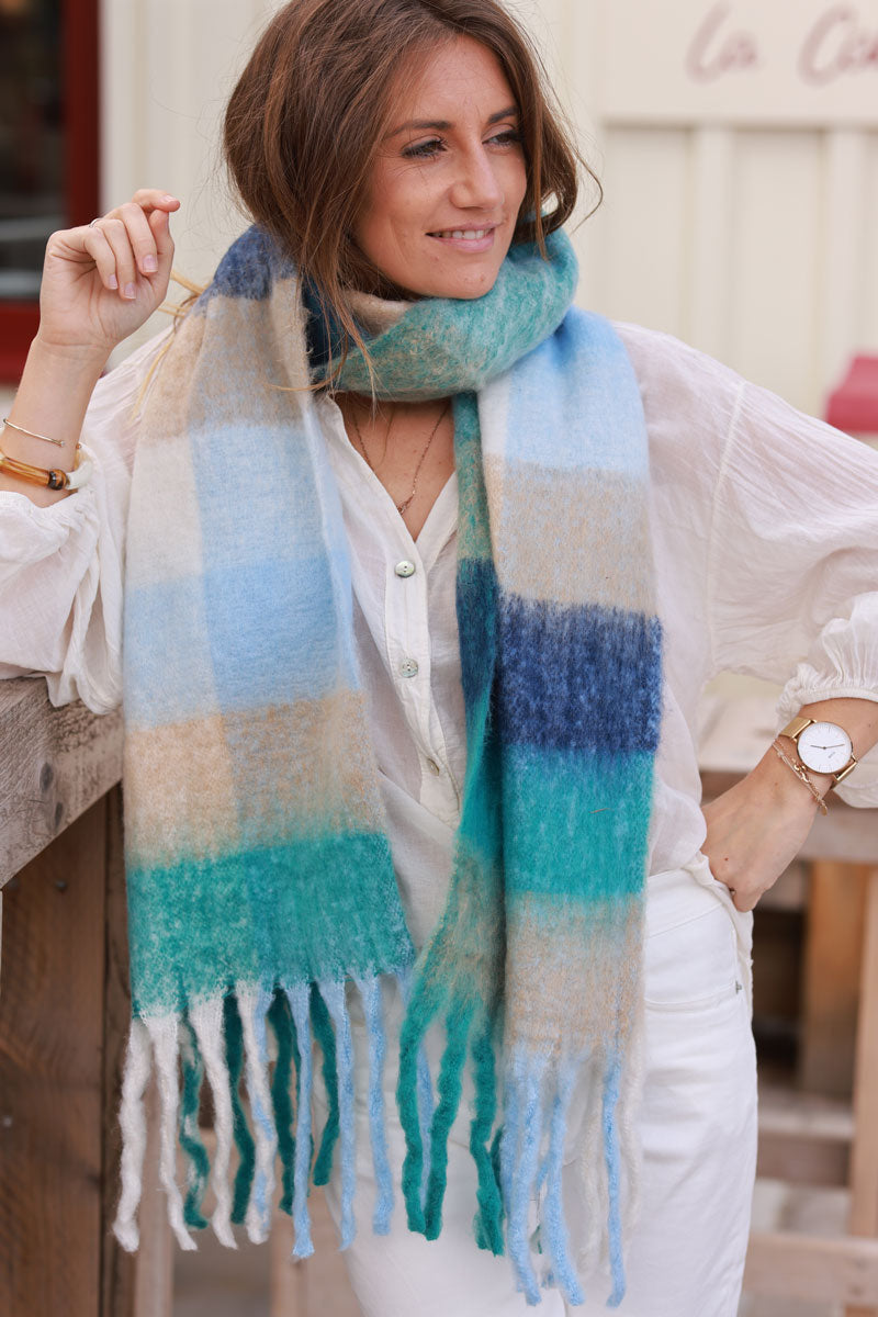 Super Soft and Warm Scarf with Fringes in Peacock Blue Check