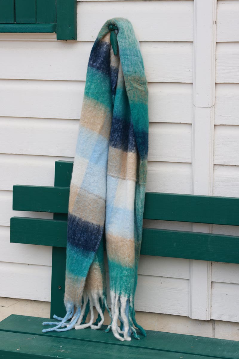 Super Soft and Warm Scarf with Fringes in Peacock Blue Check