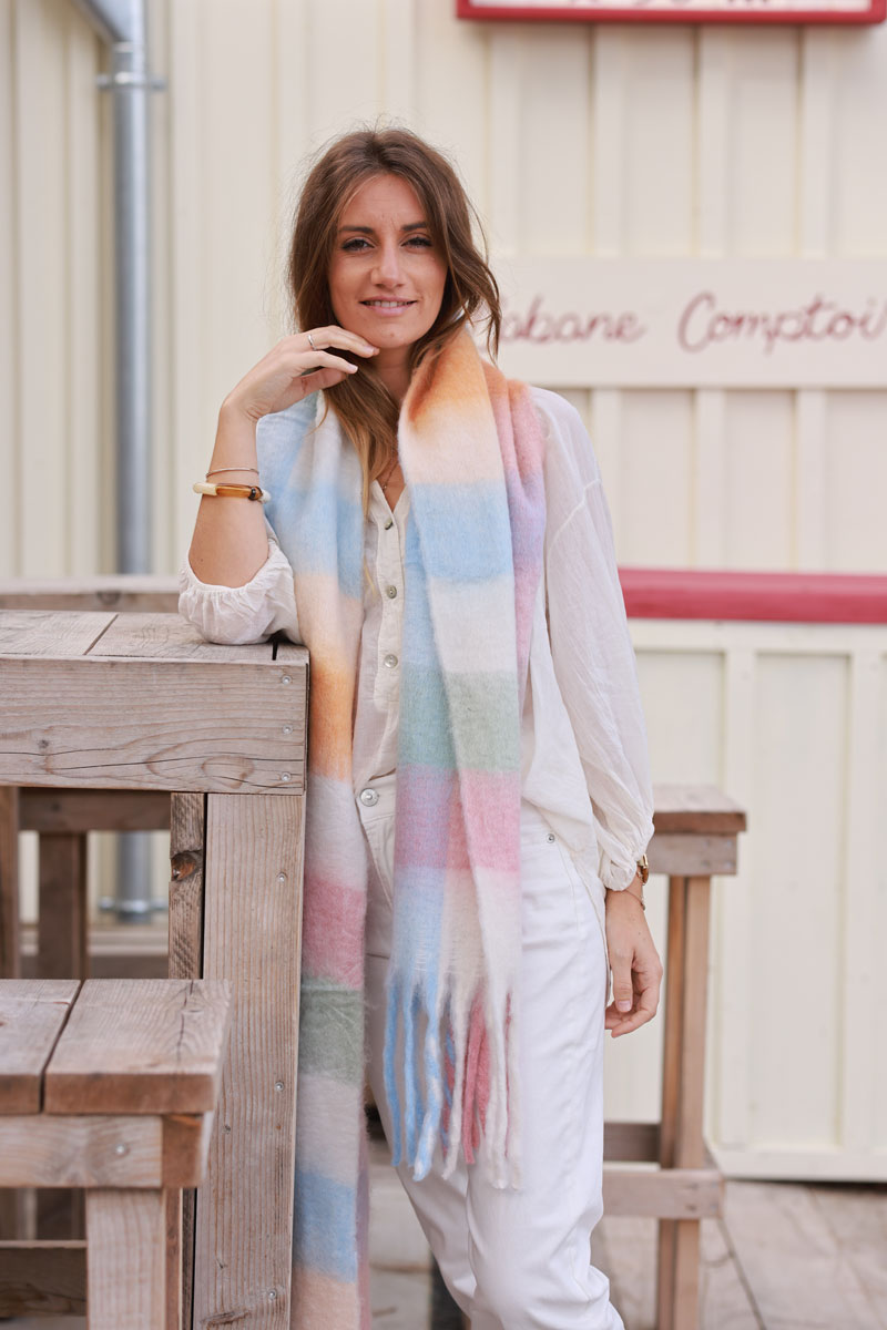 Super Soft and Warm Scarf with Fringes in Pastel tones Check