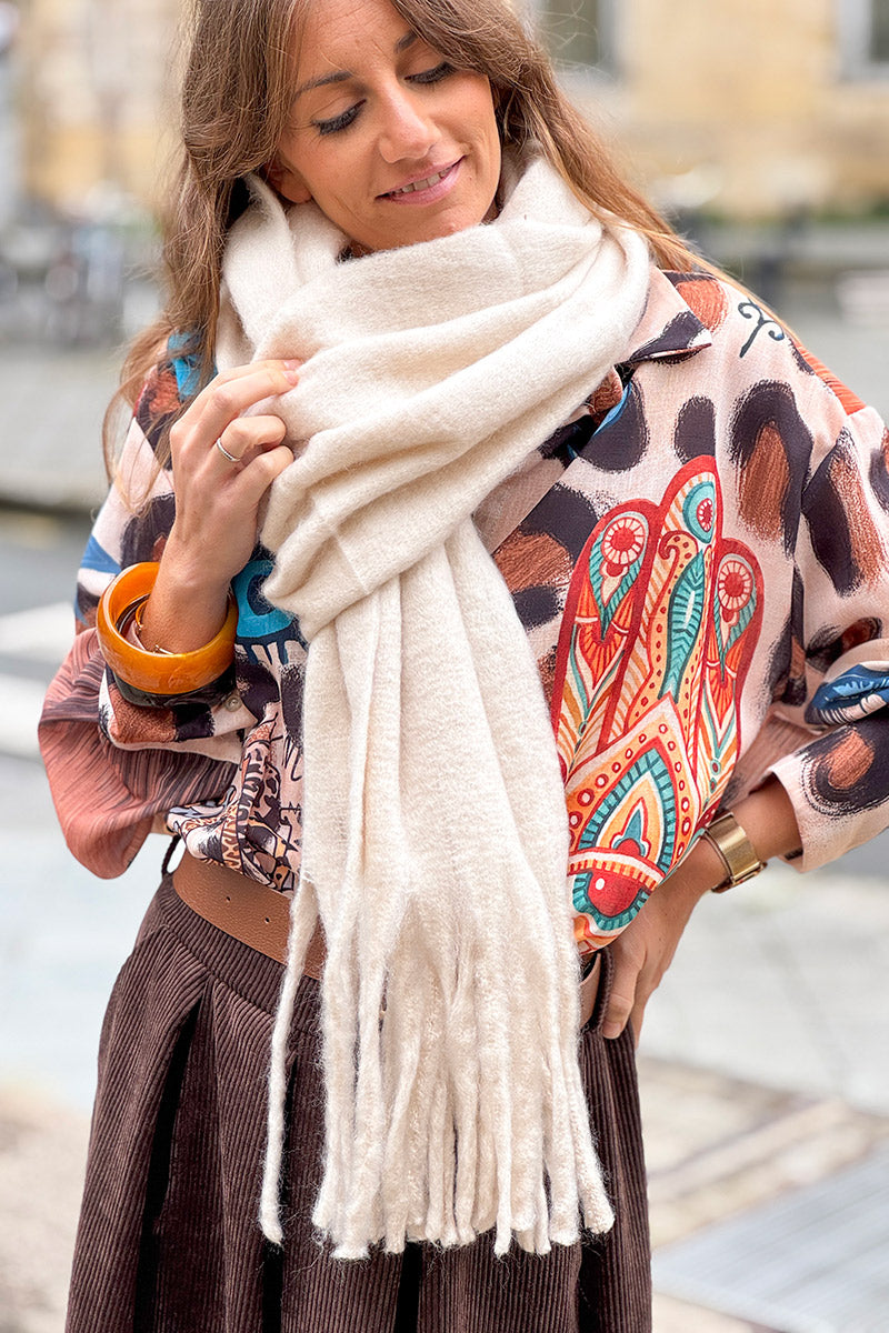 Beige Faux Cashmere Tassel Scarf