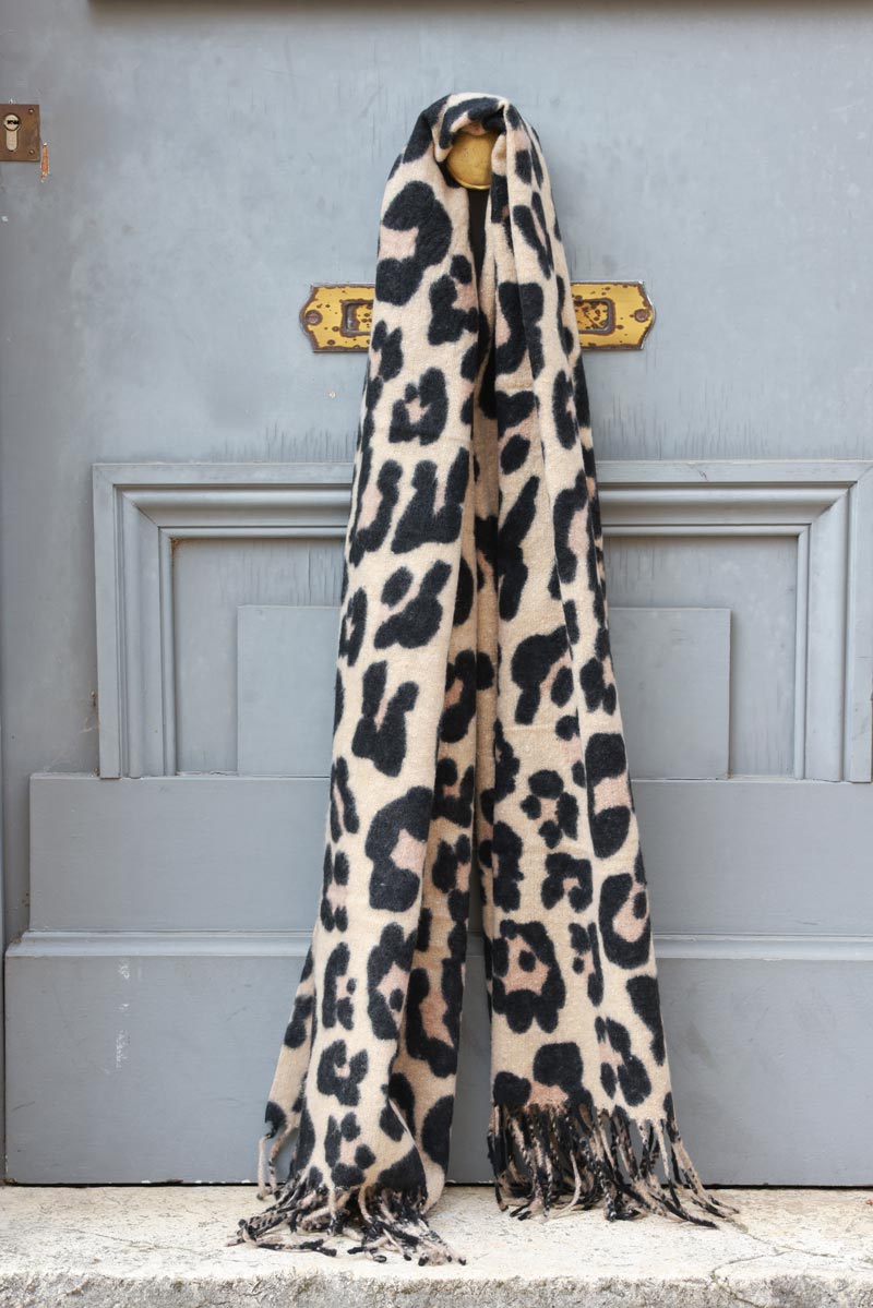 Beige Leopard Super Soft Scarf with Fringes