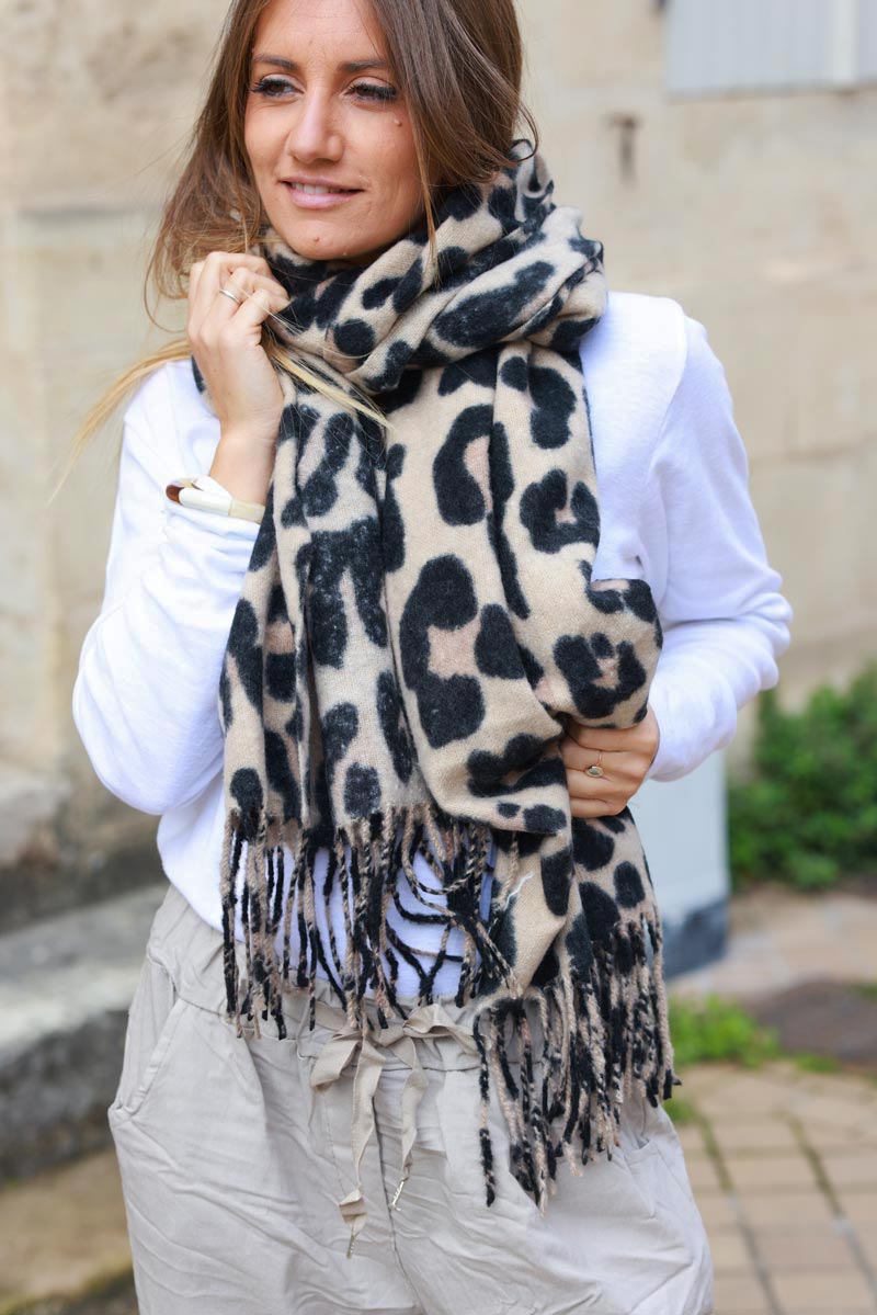 Beige Leopard Super Soft Scarf with Fringes