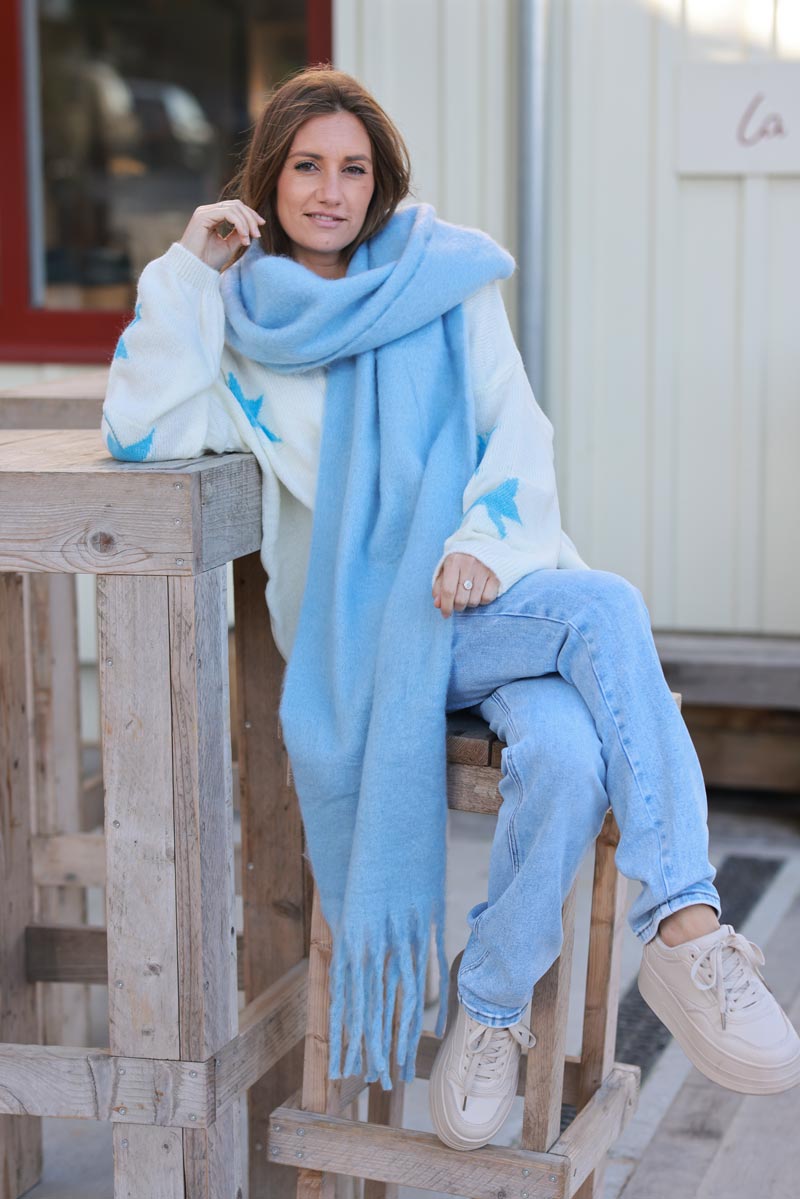 Sky blue Faux Cashmere Tassel Scarf