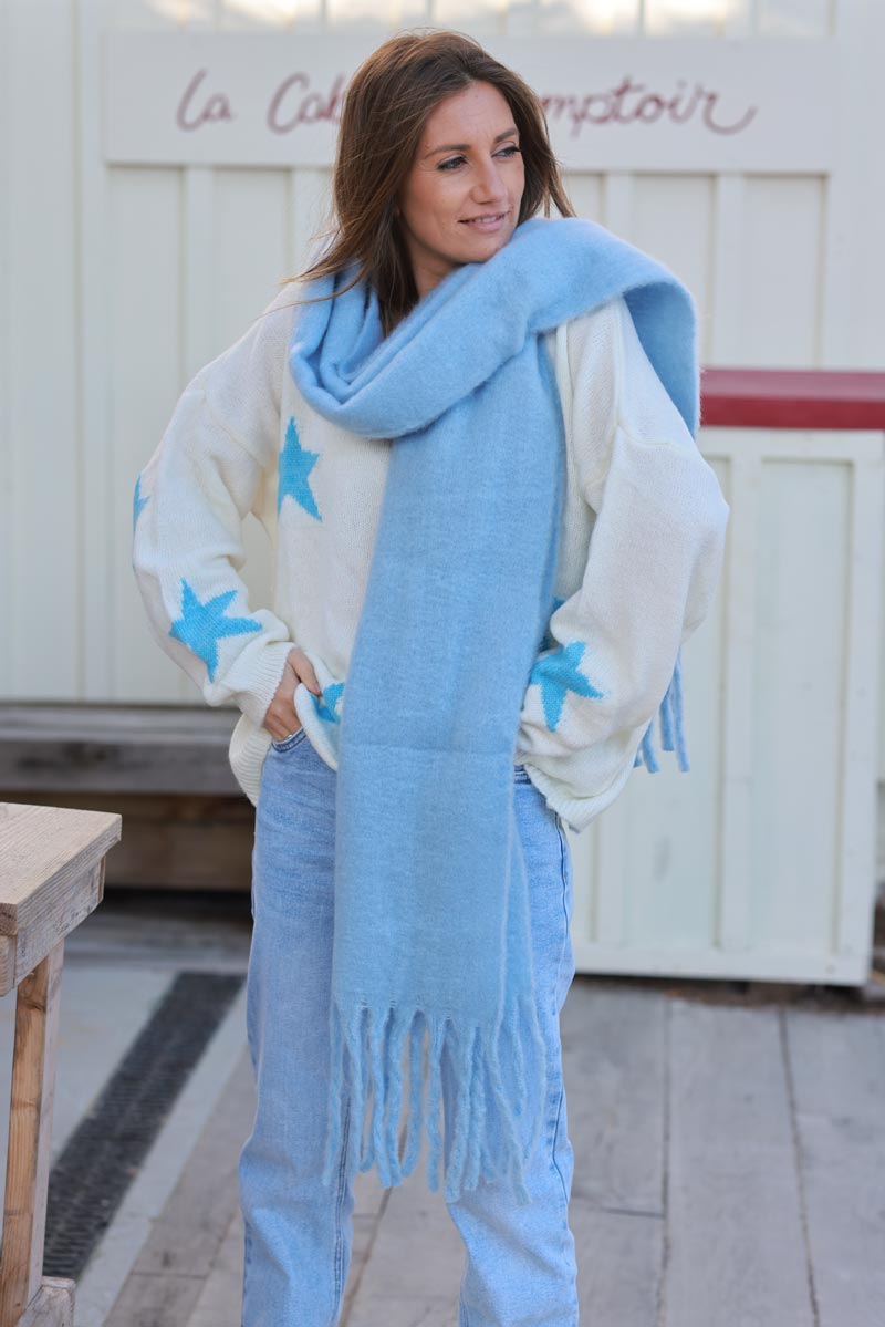 Sky blue Faux Cashmere Tassel Scarf